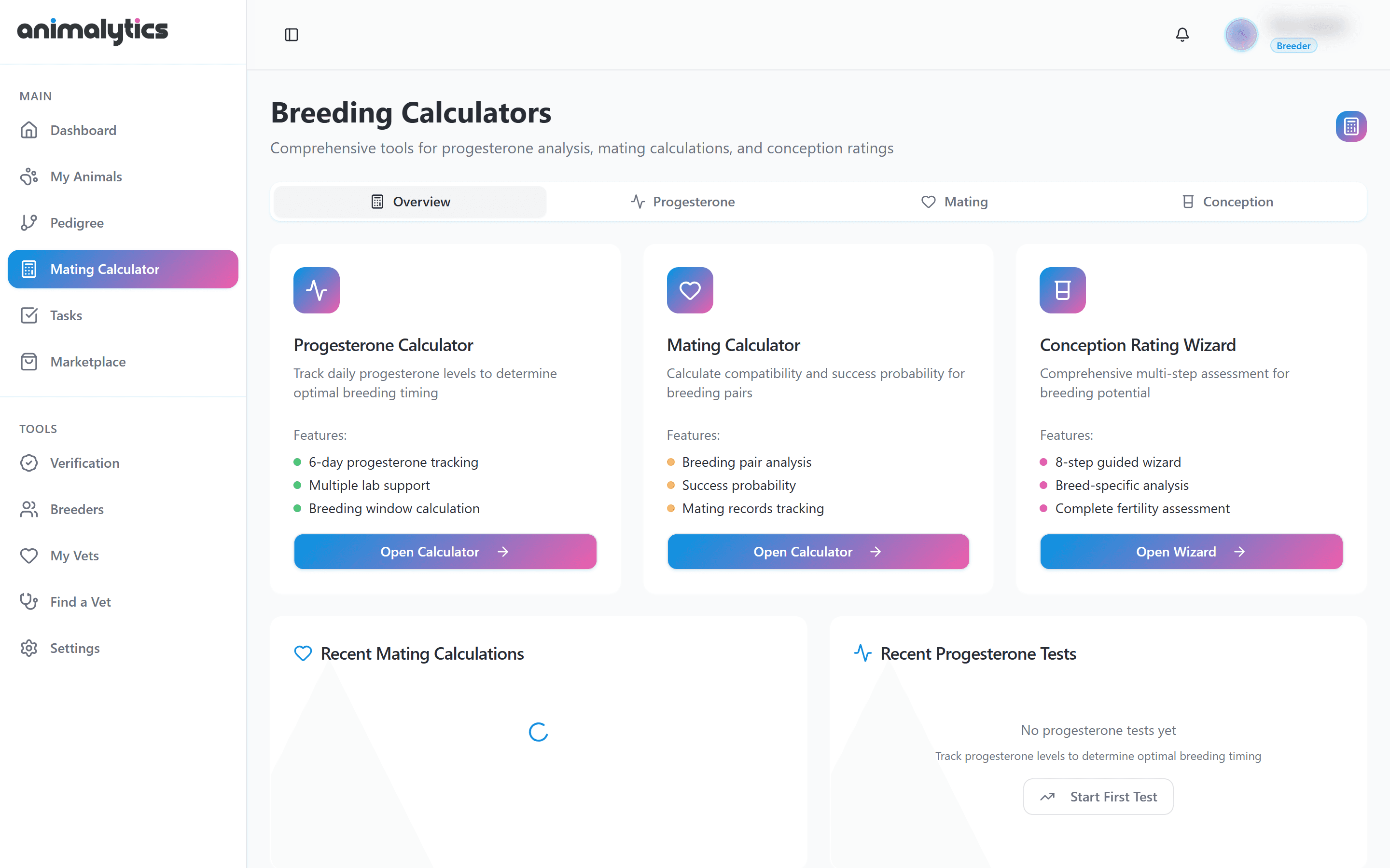 Animalytics breeding calculators: progesterone tracking, mating compatibility, and a conception rating scored excellent