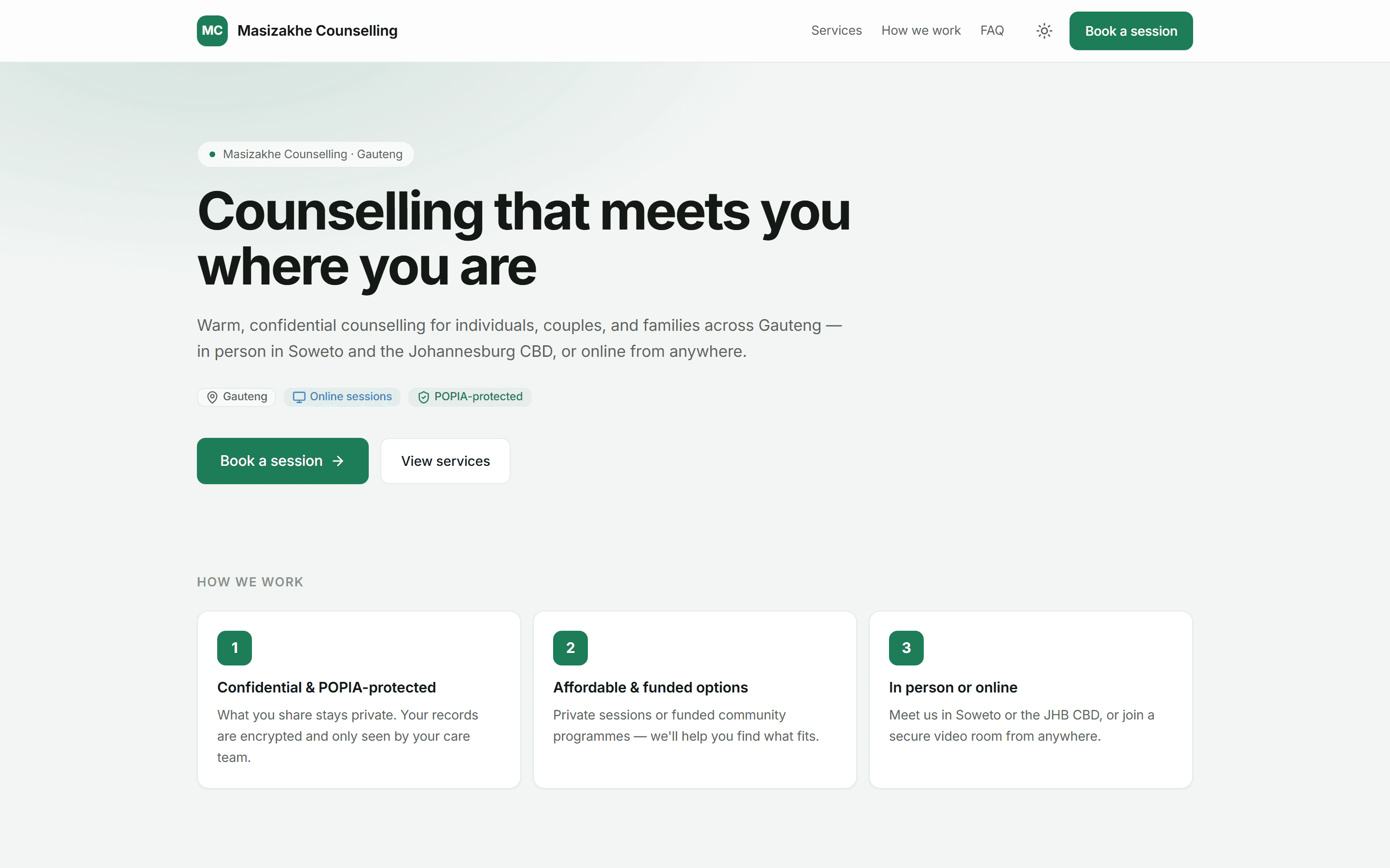 Masizakhe Counselling public micro-site with team, services and booking, generated by Phila