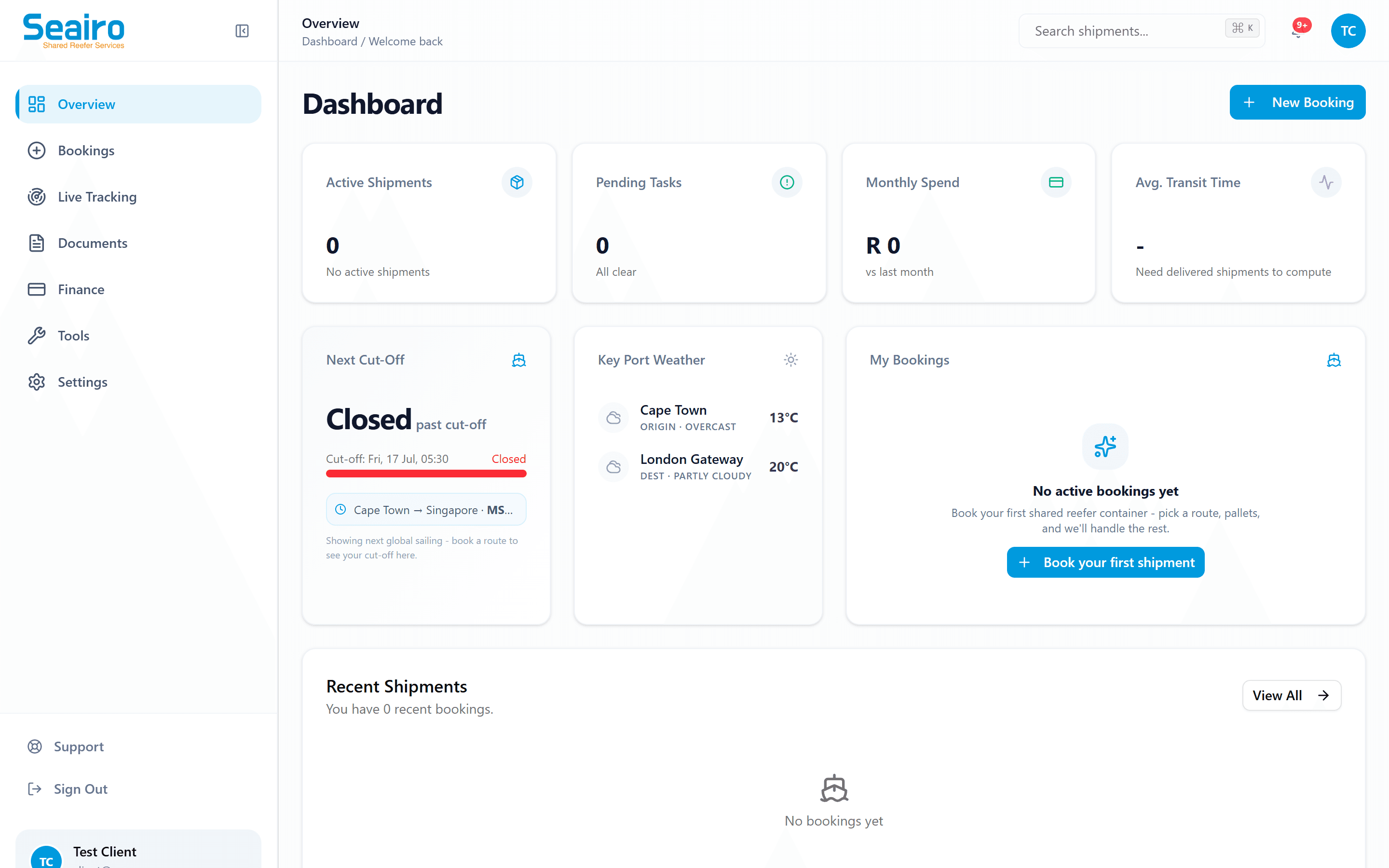 Seairo client dashboard: next sailing cut-off, port weather at origin and destination, and bookings