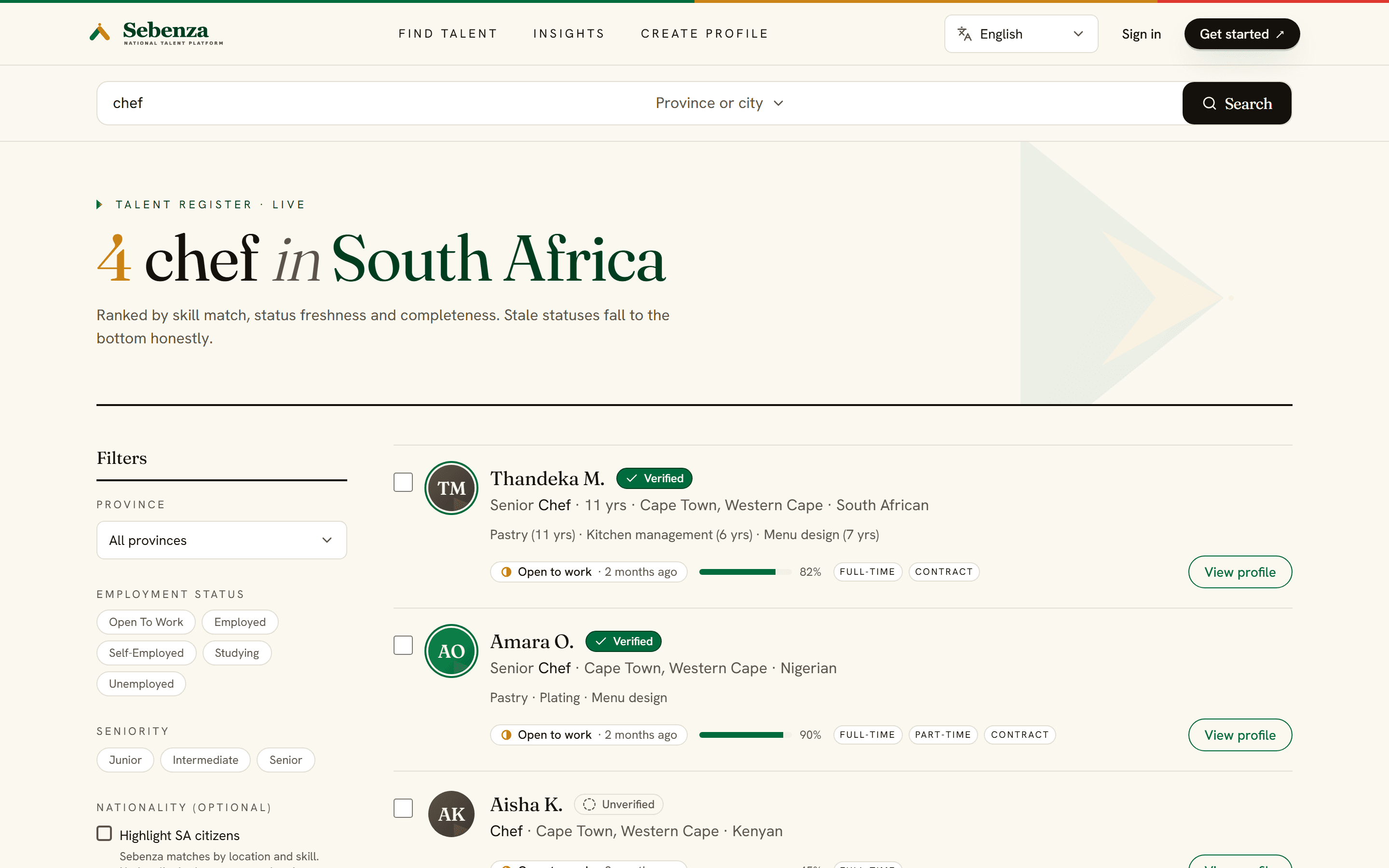Sebenza talent search results for chefs in Cape Town, with freshness-weighted ranking