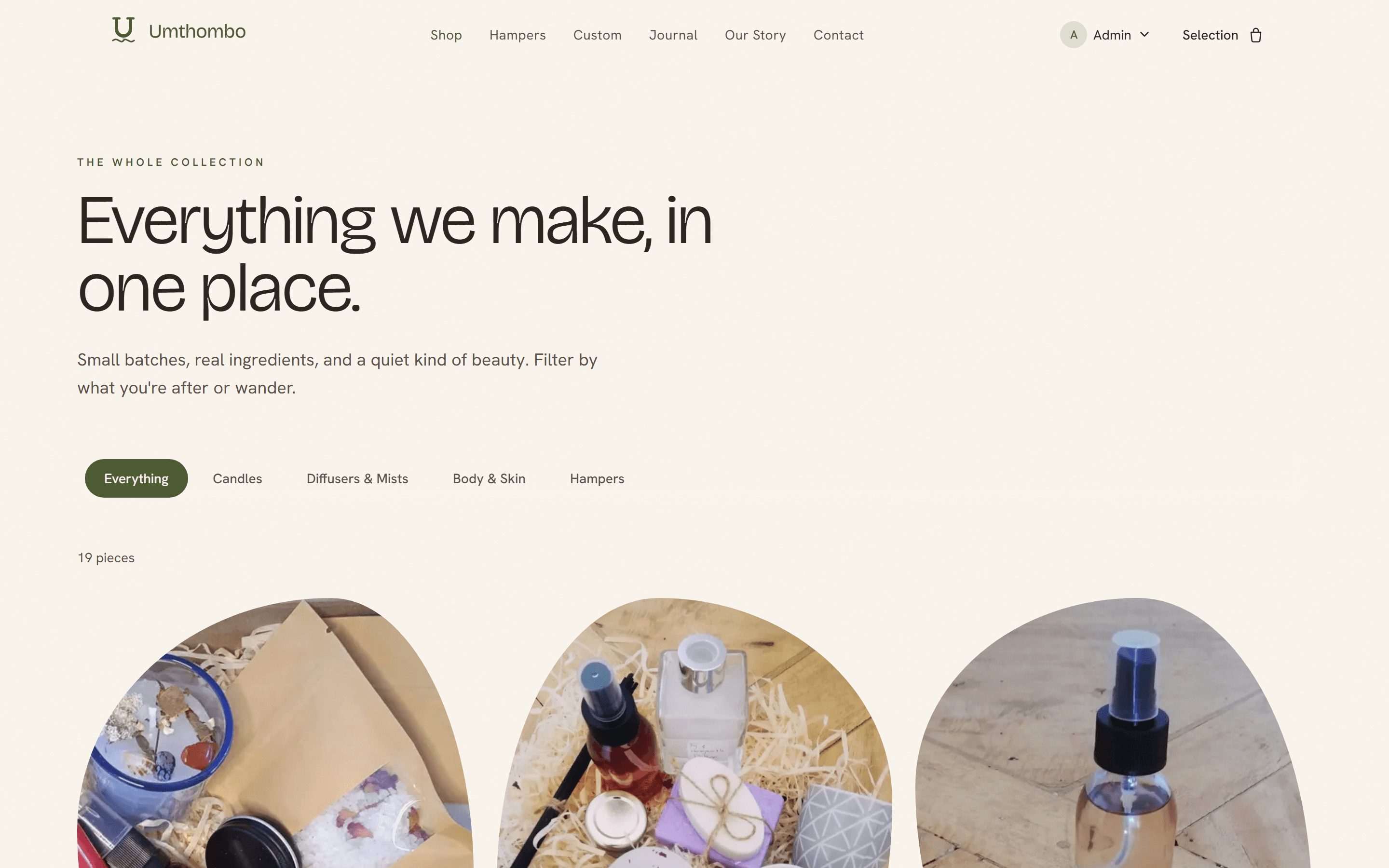 Umthombo Creations shop page with category and scent filtering over the handcrafted catalogue