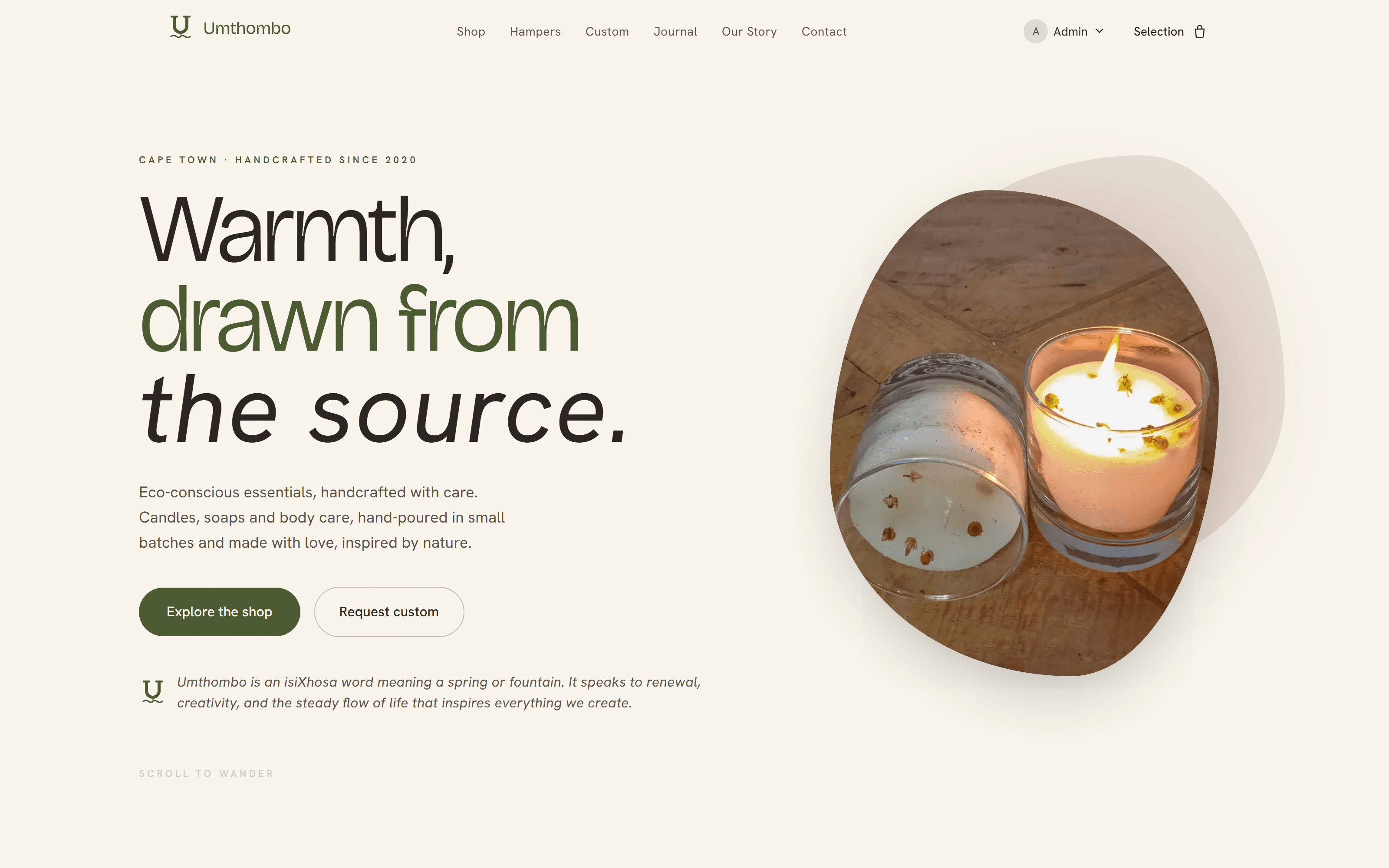 Umthombo Creations · A fully custom e-commerce system: storefront, admin, payments, courier shipping.